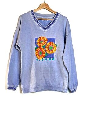 Vintage Fresh Produce V-Neck Sweater with Sunflower Motif, made in USA